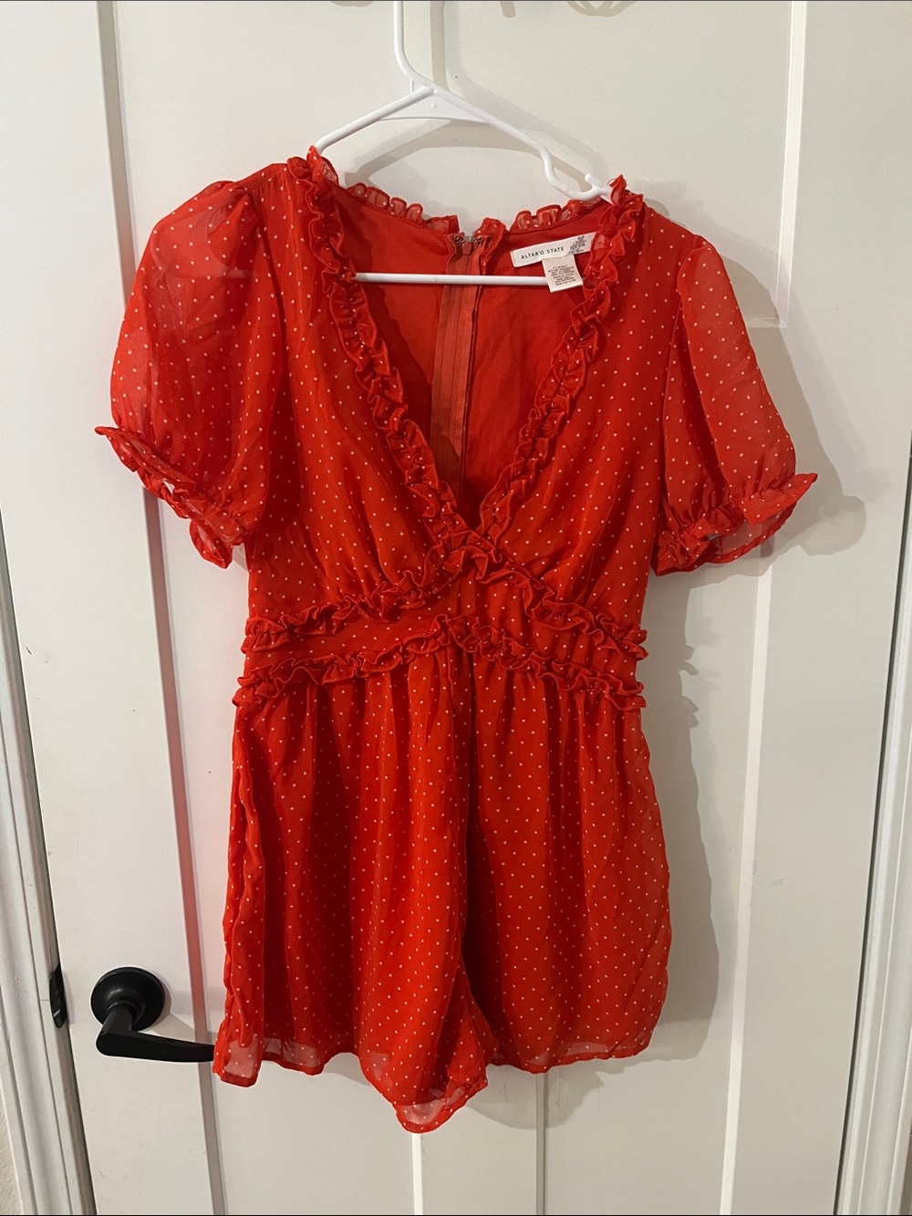 Reformation Red Polka Dot Ruffle V-Neck Playsuit